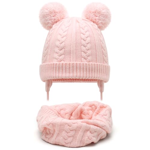 Duoyeree Toddler Winter Hat, Earflap Double Pom Pom Knit Beanie 0-36M