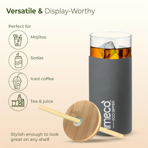 Image of IMECO ECO Sipper Glass Bottle with Bamboo Lid & Straw 450ml | Borosilicate Glass Tumbler | Leakproof & BPA-Free | Reusable, Non-Toxic & Lightweight | Ideal for Milk, Coffee & Tea - Grey