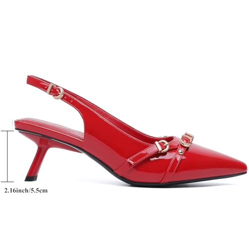 Image of Mostrin Kitten Heels for Women Pointed Toe Pumps Patent Leather Low Heel Slingback Heels with Buckle Dress Shoes for Dating Party Working