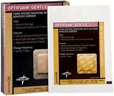 Medline Optifoam Gentle Border Adhesive Dressings, 3 x 3 (Pack of 10) Packaging may vary