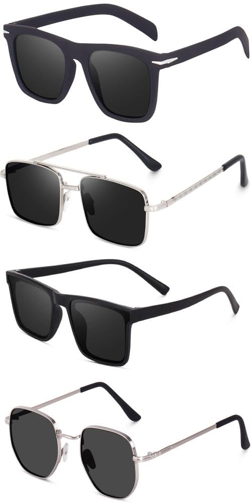 Unisex combo offer pack of 4 shades Unisex Fashion Sunglasses Set, 4 Pairs, Metal Frame, Black and Silver - MC-406