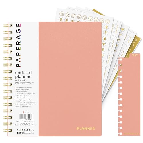 PAPERAGE Undated 12 Month Weekly & Monthly Planner with Durable Cover & Spiral Binding, 7.5 in x 9 in, Productivity Planner with Note Pages, Goals & Budget Trackers, Stickers & Bookmark (Coral)