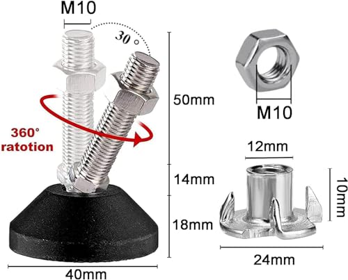 DQZE 4 Stück Stellfüße M10 x 50MM, Verstellbare Füße mit Gummi Fussteil, Stellschraube Stellteller Kann 450kg, 30° Neigungsverstellung, Stellfuß M10 für Tischbeine, Stuhlbeine, Möbelbeine.