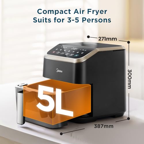 Midea Air Fryer with Visible Window 5L, HeatXpress Rapid Air Technology, 90% Less Oil, Energy Saving, 7-In-1 Presets, Non-Stick, Dishwasher Safe, Digital Display, +1 Minute Button,1600W Power