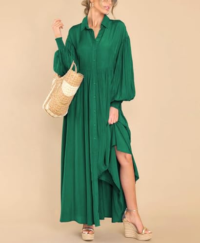 Image of chouyatou Women's Casual Long Sleeve Button Down Shirt Dress Elegant Pleated Flowy Swing Maxi Dress