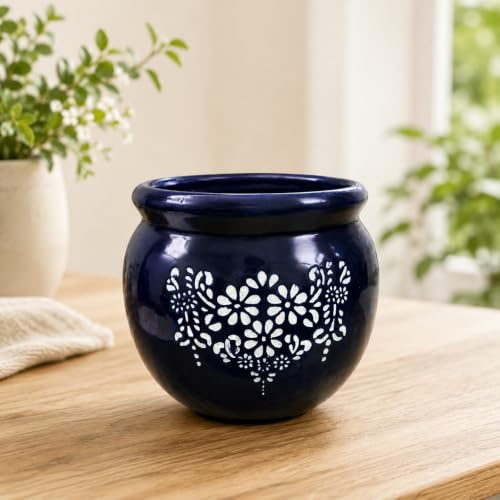 Image of Niyara Ceramic planters pots for Indoor Outdoor Home, Garden Office Decor Balcony Planters Gamla Flower Size Small 6 inches (Blue Floral Print)