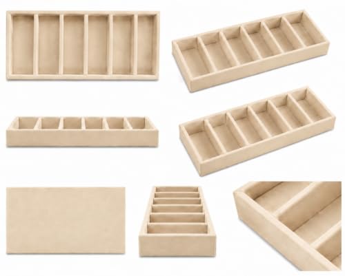Image of La Trove 6 Slot Velvet Bangle Organizer Tray for Kada & Bracelets, Cream | Soft lined sections hold bangles, kada, bracelets, rings & chains; keeps accessories sorted in drawer, wardrobe & vanity top