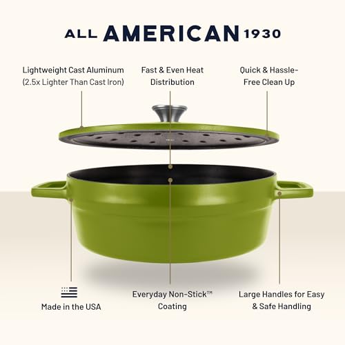 Image of All American 1930 - Dutch Oven - The Saucier Set, Kelp Green - 5.5qt Capacity - Perfect for Sauces, Soups & Simmering - Non Stick & PFAS Free - Made in the USA