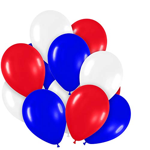 Pack of 100, Assorted Bright Red, White and Blue Color Latex Balloons, MADE IN USA!