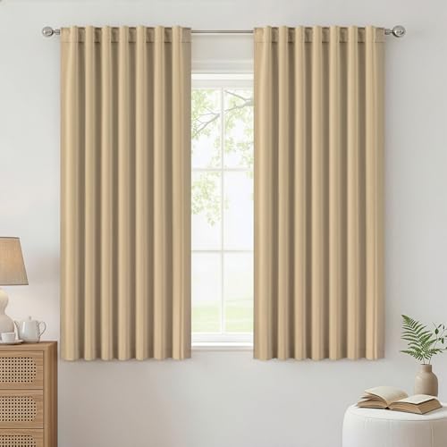 Image of ANRODUO Beige Back Tab Blackout Curtains 72 Inch Long 2 Panels | Rod Pocket,Thermal Insulated Room Darkening Light Blocking Curtains for Living Room Bedroom Privacy,W42xL72