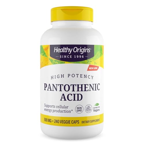 Healthy Origins Premium Vitamin B5 Pantothenic Acid 500 mg Vegan Capsules, High Strength, Energy Boost and Metabolism Support, Tiredness & Fatigue, Acne Supplement for Skin Care, White, 240 Count