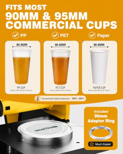 Image of WantJoin Cup Sealing Machine, Semi Automatic Commercial Boba Cup Sealer | Auto film alignment, 2 second sealing, LED temperature control, Fits 90 mm & 95 mm cups Bubble for Tea Coffee Smoothies