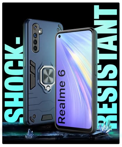 Image of WOW IMAGINE Shock Proof Back Case Mobile Cover for Realme 6 | Back Cover Case (Tough Armor | Hybrid PC + TPU | Ring Holder & in-Built Kickstand | Blue)