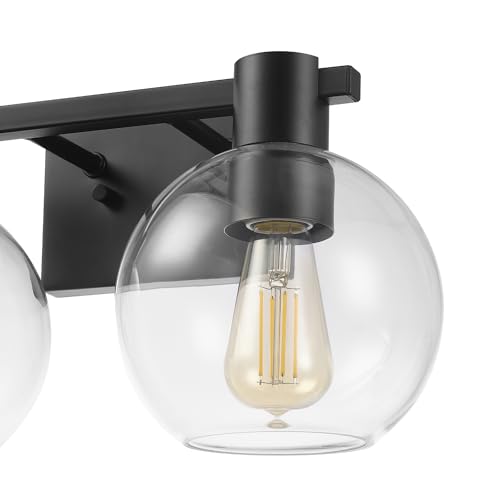 Image of GLOBE Electric 63000057 3-Piece All-in-One Bathroom Set, Matte Black, 15 inch 2-Light Vanity Light, Clear Glass Shades, Toilet Paper Holder, Towel Ring, Bathroom Lights Over Mirror, Powder Room Lighting
