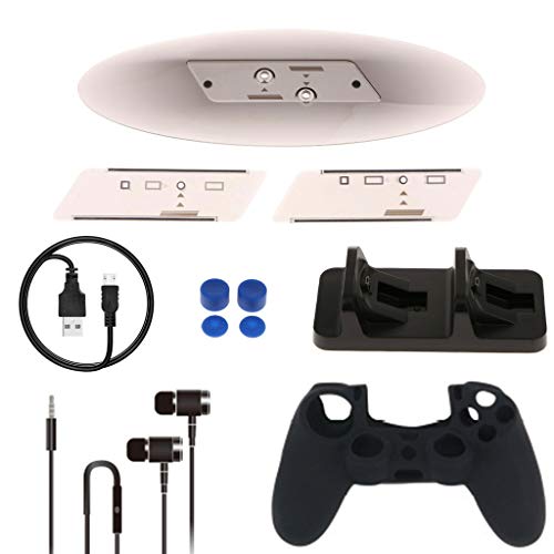 TFSeven PS4/PS4 Pro/PS4 Slim Accessories Kits - Vertical Stand Transparent Mount Console + Dual Charging Dock + Stereo Headphones + Controller Silicon Case + Silicon Thumbstick Cover Dualshock Kits