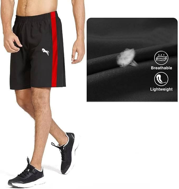 Image of JUST RIDER Men's Athletic Shorts with Side Stripe, Quick Dry, Black and Red, with Pockets