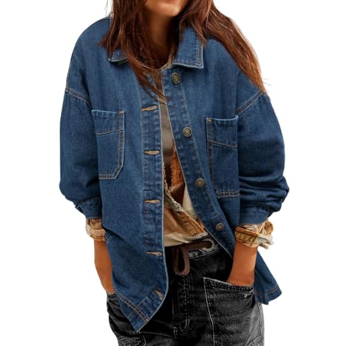 Women's Oversized Denim Jacket Distresse Jean Jacket Casual Long Sleeve Button Down Trucker Jackets Coat with Pockets