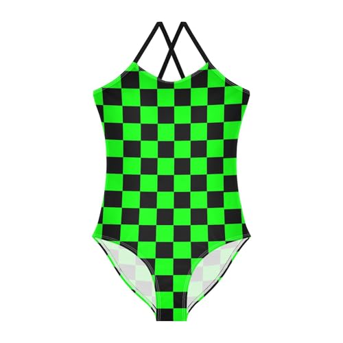 Image of Black and White Chess Girls One Piece Swimsuits Board Marble Tile Sport Halter Swimwear Beach Bathing Suit 3T