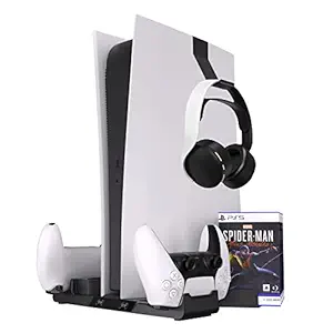 Pro Stand for PS5 with Controller Charging Station & Suction Cooling Fan, Dual Controller Charger Station, PS5 Gaming Accessories for PS5 Console with Headset Holder