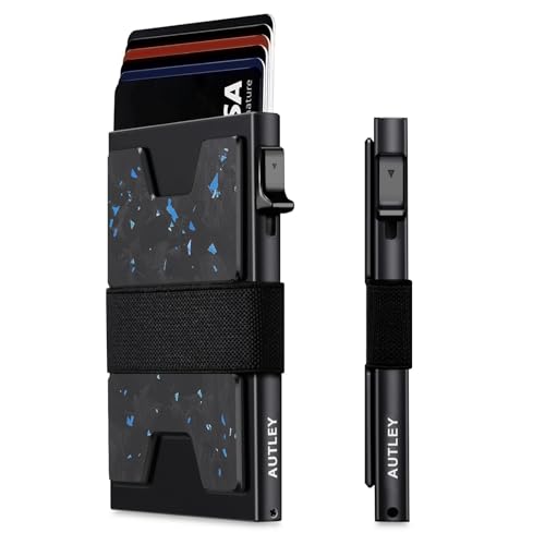 Image of AUTLEY Slim Card Holder, Minimalist Pop Up Wallet for Men, RFID Blocking Mens Wallet with Cash Band (Blue Spot Carbon Fiber)