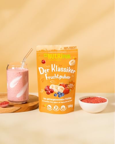 NutriPur Früchte Mix Fruchtpulver: 100g Fruchtpulver gefriergetrocknet – Getrocknete Früchte ohne Zucker Zusatz – Frucht Pulver, Gefriergetrocknete Früchte - Gefriergetrocknete Beeren