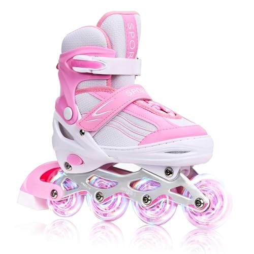 Kids Inline Skates for Girls Boys with All Wheels Illuminating, Adjuatable Mens and Womens Roller Skates Blades for Beginner in Outdoor and Indoor (Pink&White, Large - Teens&Youth)