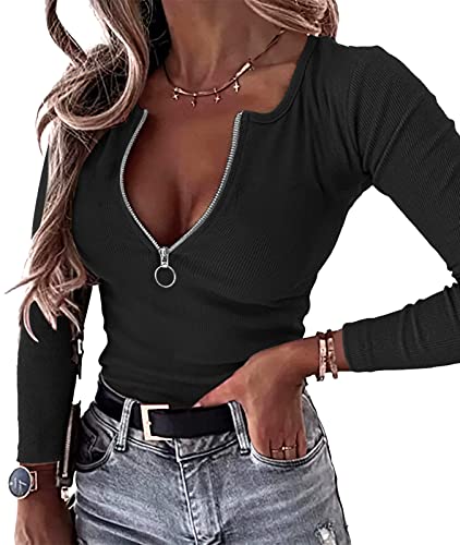 OwnTime Womens Sexy Tops Long Sleeve Henley Shirts Fitted Low Cut Tops Ribbed Zipper V Neck Cleavage Fall Shirts Blouses2