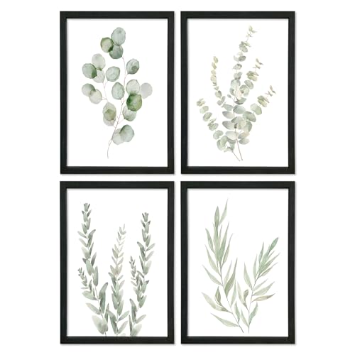 YWJKWLGS Botanical Watercolor Prints Sign Sage Green Eucalyptus Wall Decor 11x16 Inch Set of 4 Minimalist Wood Framed for Bathroom Laundry Room Office Wall Hanging Art (Black)