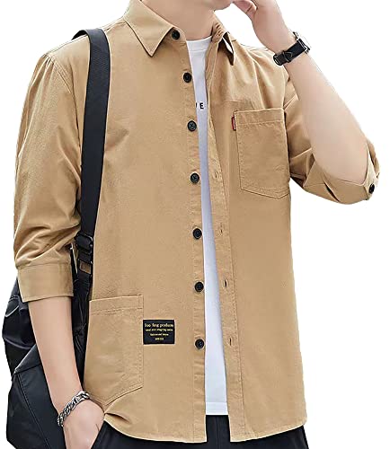 [foveitaa] 夏服 メンズ シャツ 七分袖 ワイシャツ yシャツ プリント 大きい サイズ ゆったり 派手 汗染み防止 かっこいい シンプル おしゃれ カジュアル 通勤 通学 サマー ストリート コットン プレミアム カジュアル 人気 洋服khaki-XLの商品画像（Amazon）
