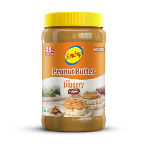 Image of Sundrop Peanut Butter with Jaggery | Creamy | 900 grams | With 25% Protein | 7.5% Dietary Fibre | Premium Roasted Peanuts | Great Value Per Gram of Protein I No refined sugar
