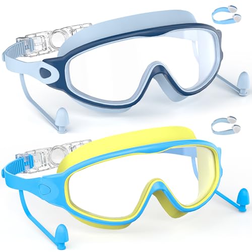 Yidoroye Lot de 2 Lunettes de Natation Enfants, Grand Champ de Vision HD 180°, Anti-Buée & Protection UV, Silicone Doux Réglable,avec Bouchons d’Oreilles & Pinces-Nez (Maca Bleu et Bleu Jaune)