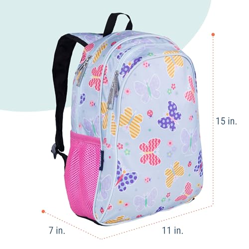 Image of Wildkin 15 Inch Backpack for Kids, Butterfly Garden | Ages 5-10, padded straps, side water bottle pocket - coordinates with matching Wildkin lunch boxes and water bottles