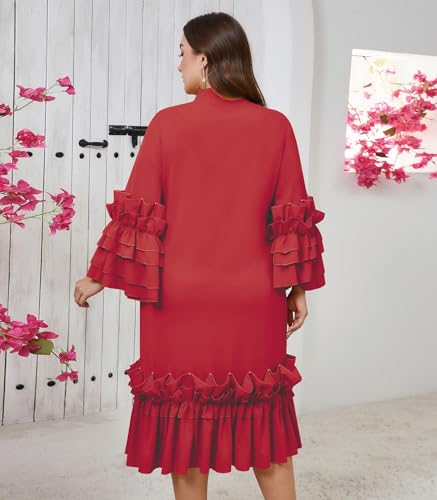 Image of dasmzper Women's Plus Size Midi Dress Ruffle Sleeve Bow Tie Neck Casual A line Swing Midi Dresses