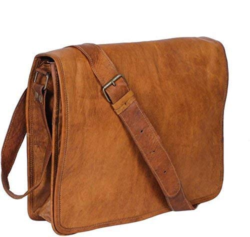 Genuine Leather Brown Canvas Crossbody Satchel Full Flap Unisex Laptop Messenger Bag (LxWxH -15"x4"x11")