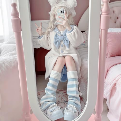 Grunge Kawaii Stylish Gothic Y2K Accessories Knitted Knee High Long Fluffy Balls Decor Striped Leg Warmers2