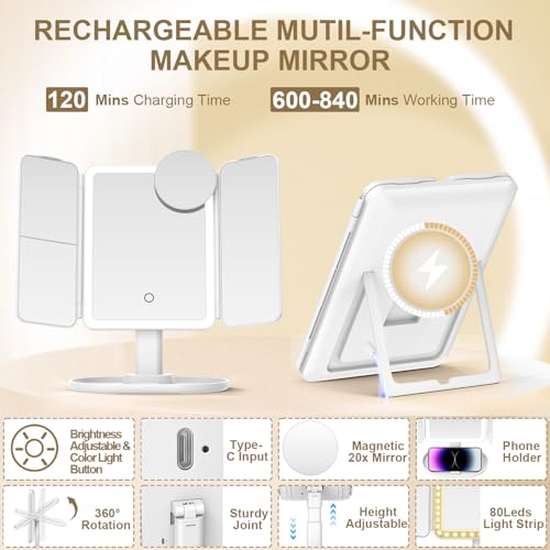 Espejo de maquillaje rectangular con luz y batería recargable miniatura 5