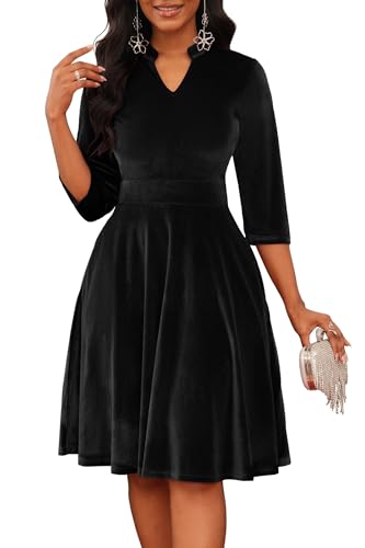 Image of Nmoder Casual Dresses for Women Semi Formal Fit and Flare 3 /4 Sleeve A-line Church Work Dress with Pockets