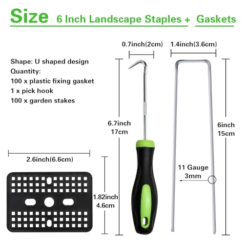 Bakulyor 100 Pcs Landscape Staples + 100 Pcs Gasket, 6 Inch Garden Stakes Staples 11 Gauge U Shaped Galvanized Lawn Landscape Pins, Heavy Duty Yard Ground Pin for Weed Barrier Sod Fabric Decorations - Thumbnail 2