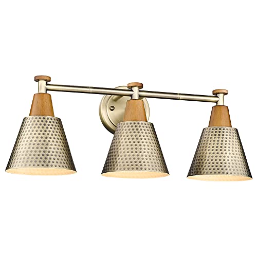 Image of FEMILA Antique Gold Bathroom Vanity Light, 3-Lights Industrial Modern Wall Sconce Bathroom Lighting, Hammered Metal Shade Finish, 4FG59B-3W BG