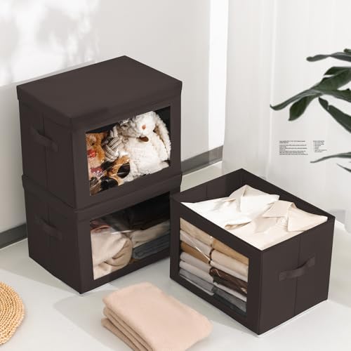 Image of Homsorout Stackable Storage Bins with Lids - Large Storage Box with Lids, Foldable Closet Boxes for Organizing, Wardrobe Clothes Organizer with Window, Cubes Bins for Living Room, 3 Pack, Brown