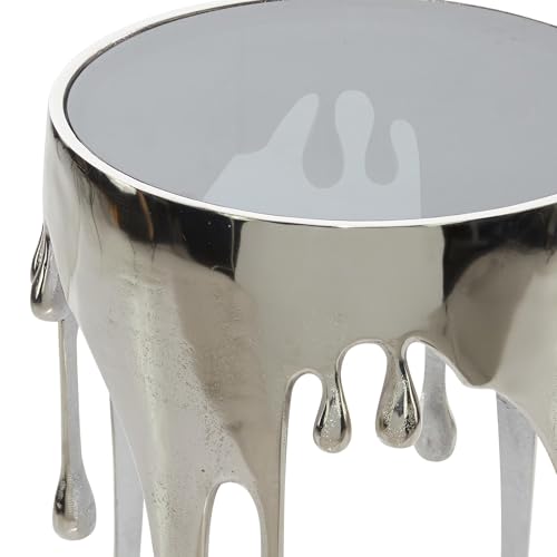 Image of Deco 79 Aluminum Metal Abstract Side Table 16 inch x 16 inch x 25 inch, Silver | Accent table, drip end table with melting designed legs and black glass top, unique end table, living room decor
