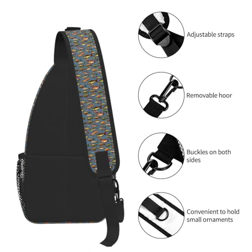 Bolsa de pecho cruzada elegante con estampado de señuelos de pesca 7