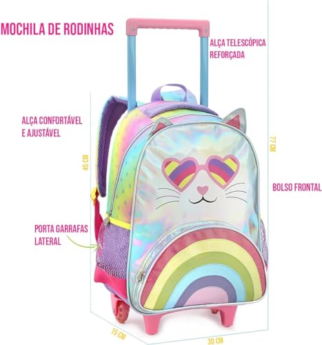 Kit Mochila com Rodinhas Infantil Escolar Menina Gatinha Arco Iris 3 Peças Acompanha Lancheira e Por