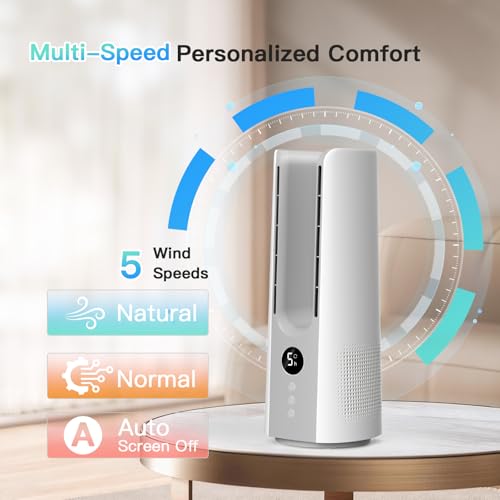 KONSIDEN Bladeless Desk Fan for Office, 13-Inch Small Quiet Desktop Fan with 5 Speeds, 60° Oscillation, 1–9H Timer and LED Display, Plug-In Bedside Fan with Adapter for Bedroom and Nightstand by KONSIDEN - Image 3