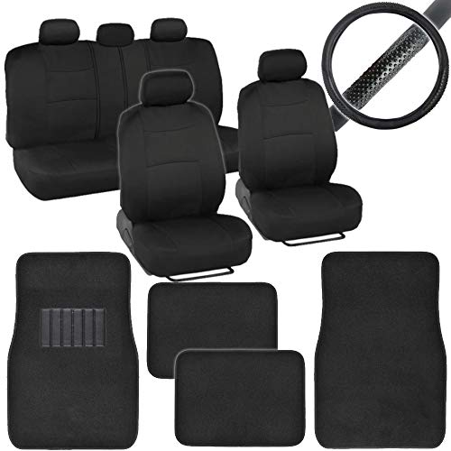 BDK Front & Rear Combo Set of 4 Piece Auto Carpet Floor Mats with PolyPro Car Seat Covers & Steering Wheel Cover, Fits Most for Car Truck Van SUV, Colorful Design Interior Car Accessories
