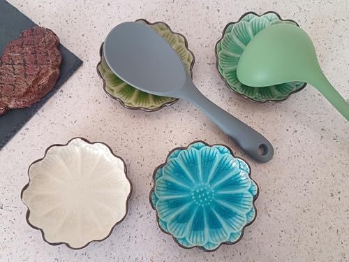 Image of Ceramic Spoon Rest for Stove Top, Flower Cute Spoon Rest for Kitchen Counter, Cooking Spoon Holder for Kitchen Counter, Utensil Rest Spatula Rest Ladle Holder Tong Rest, 1 PC (Crack Deco, Cream White)