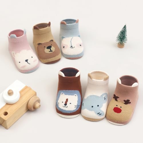 TootyTots 6er Set Kinder rutschfeste Socken mit Tierdrucken - Unisex Baby Baumwollsocken für Jungen Mädchen, Atmungsaktiv Jahreszeitübergreifend als Geschenkidee​
