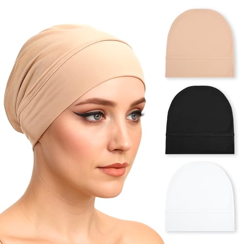 Alrhso 3 PCS Hijab Undercap Non Slip Under Caps for Hijab Non Slip Women Undercap Under Scarf Hijabs Cap Beige Black White