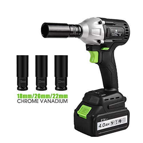 LETTON 21V MAX Cordless Impact Wrench with 1/2\" Chuck, 3 Pcs Driver Impact Sockets, Fast Charger, 4.0 AH Li-Ion Battery, Durable Tool Box