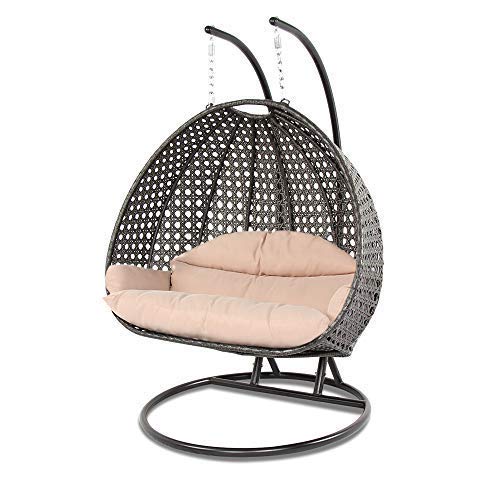 Island Gale® Luxury 2 Person Outdoor, Patio, Hanging Wicker Swing Chair (X-Large, Charcoal Rattan/Latte Cushion) #TOP1